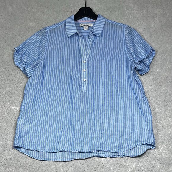 Tommy Bahama Shirt Womens Small Blue Stripe Sandswept Short Sleeve Cotton Blend - Picture 1 of 10